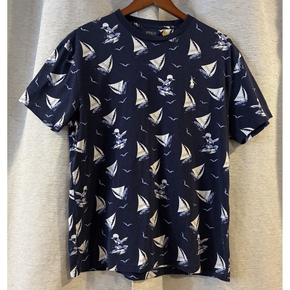 Polo Ralph Lauren Nautical T-Shirt Mens Sz M Navy‎ Sailboat Print Pony